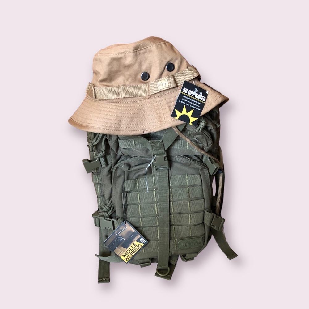 Highland Tactical 3-Day Tactia Military Backpack & Khaki Bucket Hat